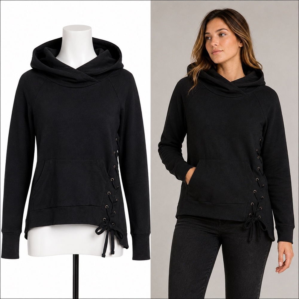 Drew Hoodie Women XS Black Asymmetrical Lace Up Side Grommet Pullover Sweatshirt